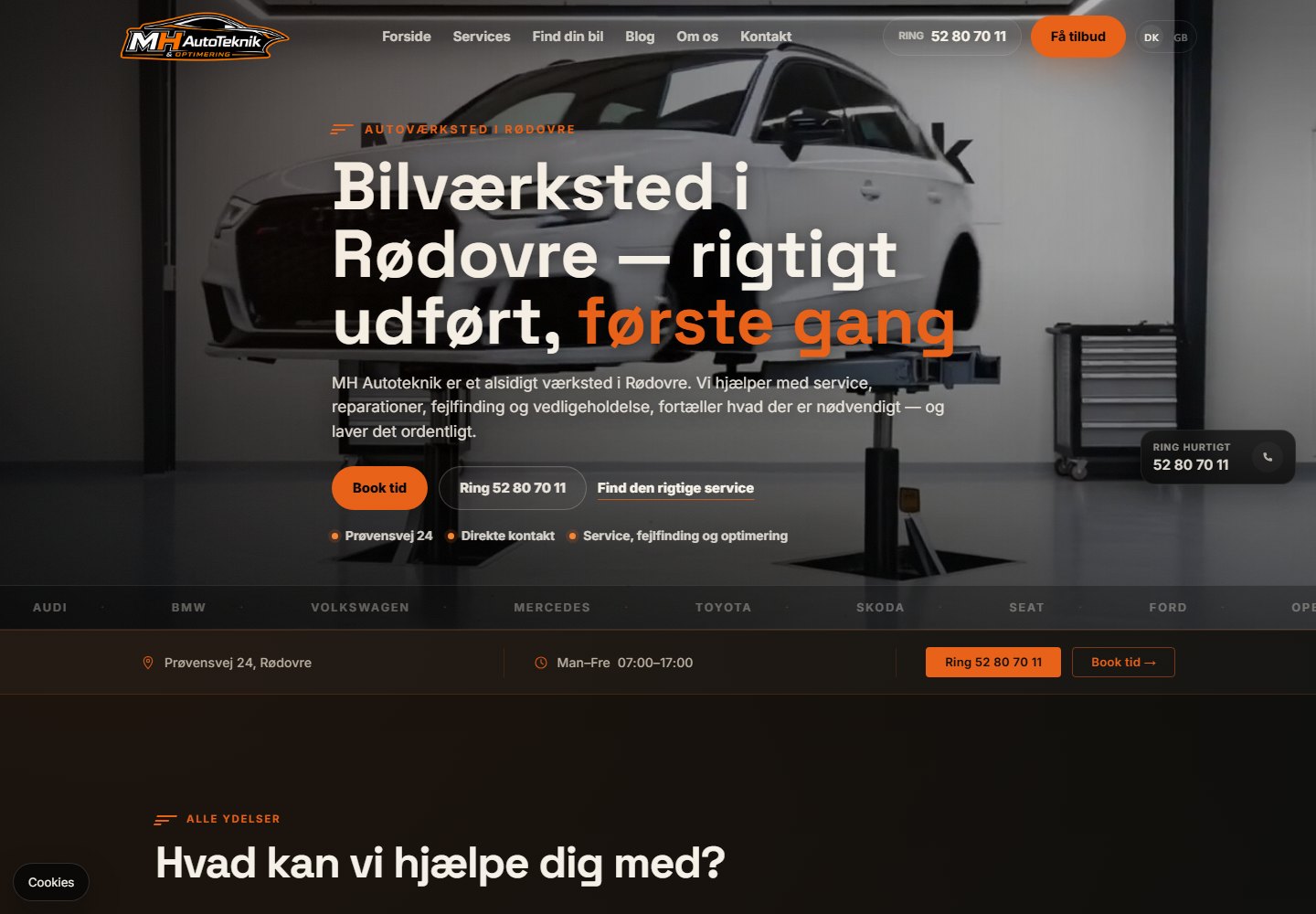 Skærmbillede af hjemmesiden for MH Autoteknik